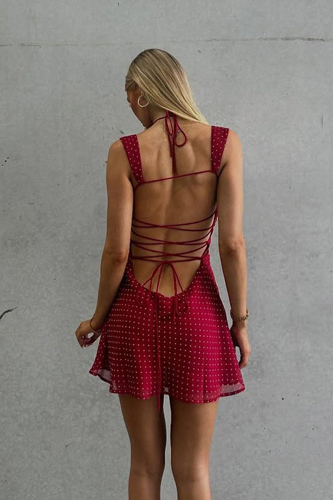 Polka Dot Print Sweetheart Ruched Flare Hem Spaghetti Strap Mini Dress