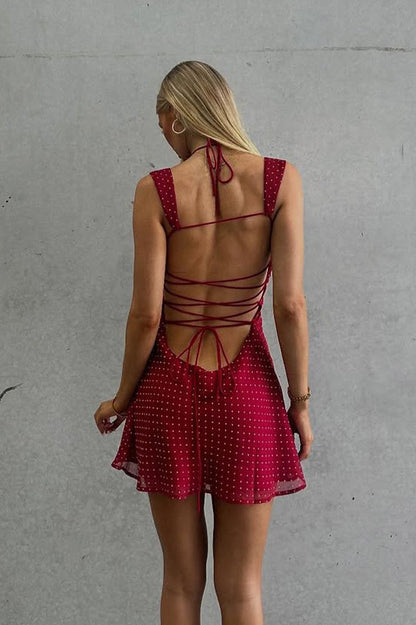 Polka Dot Print Sweetheart Ruched Flare Hem Spaghetti Strap Mini Dress