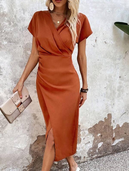 Deep V Neck Surplice Wrap Tulip Hem Midi Dress