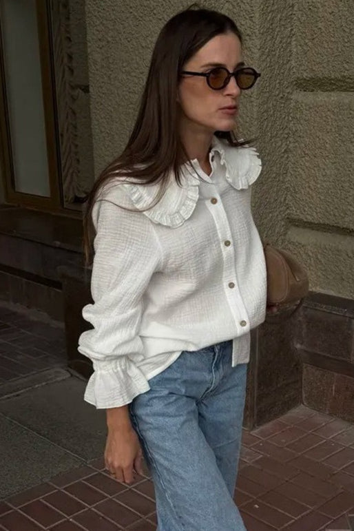 White Ruffle Trim Lantern Blouse