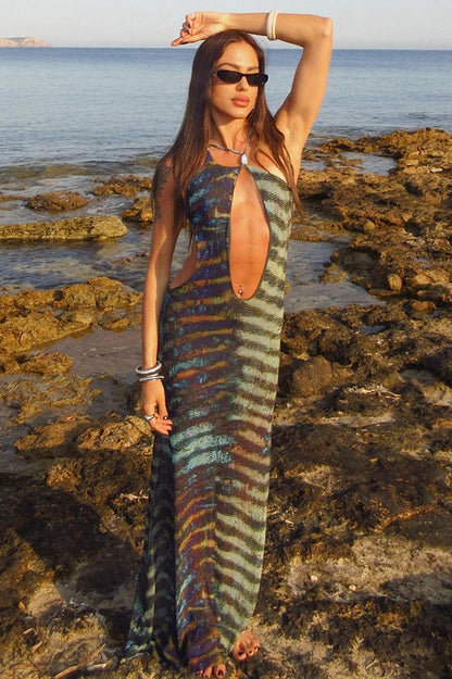 Serpentine Mesh Hem Maxi Dress