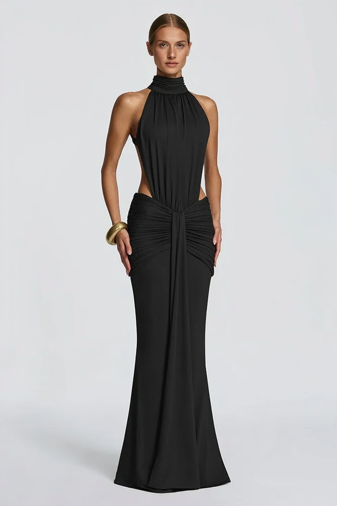 Mock Neck Side Cutout Ruched Mermaid Maxi Gown