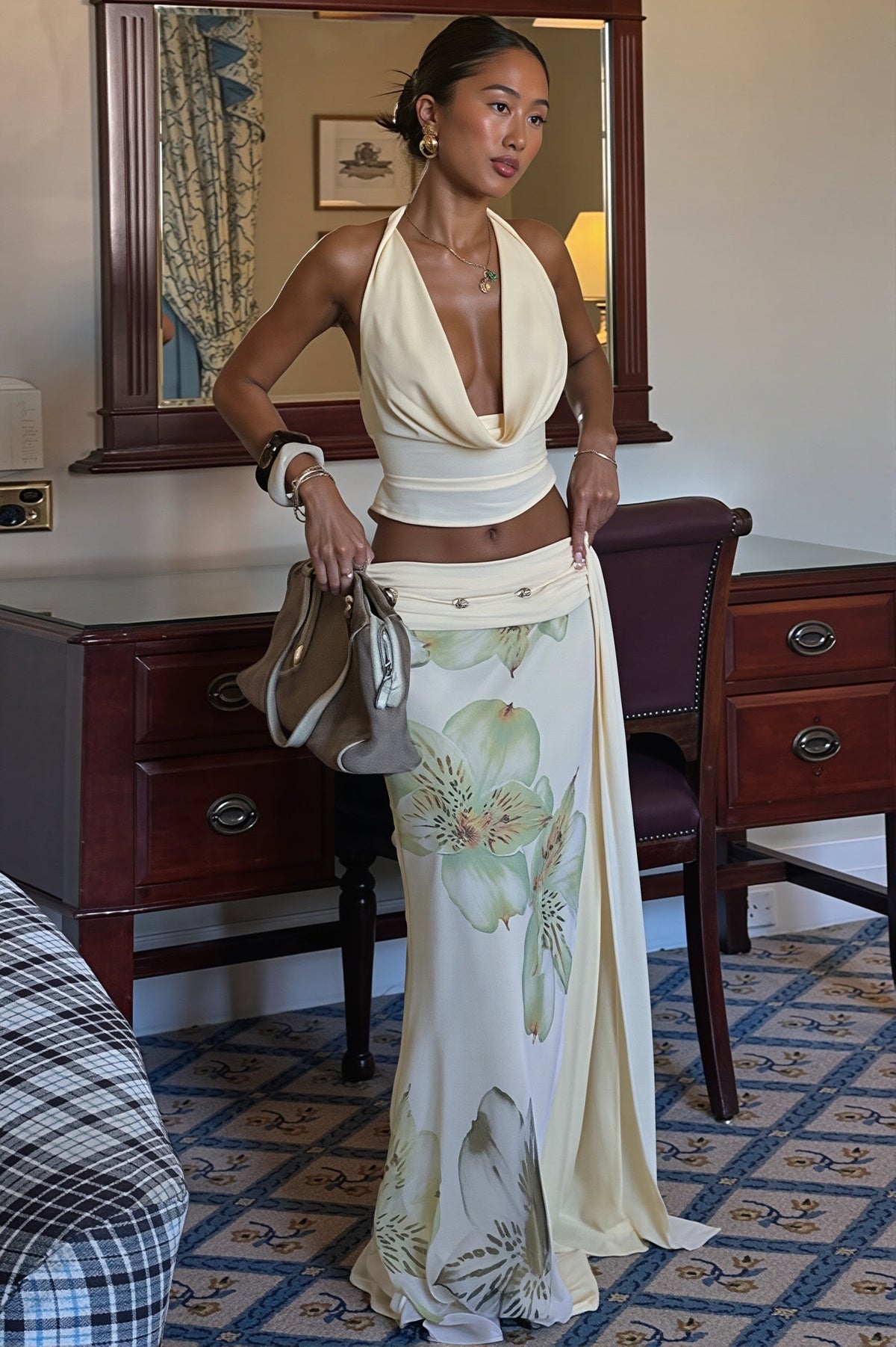 Halter Floral Mesh Slit Maxi Skirt Set