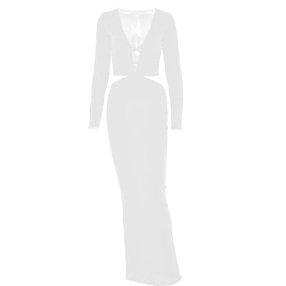 Ribbed Long Sleeve Deep V Neck Waist Cutout Lace Up Maxi Dress