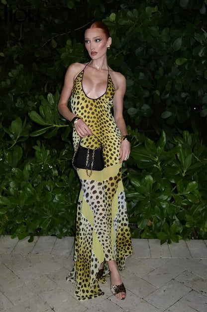 Cross Halter Keyhole Spot Print Bodycon Maxi Dress