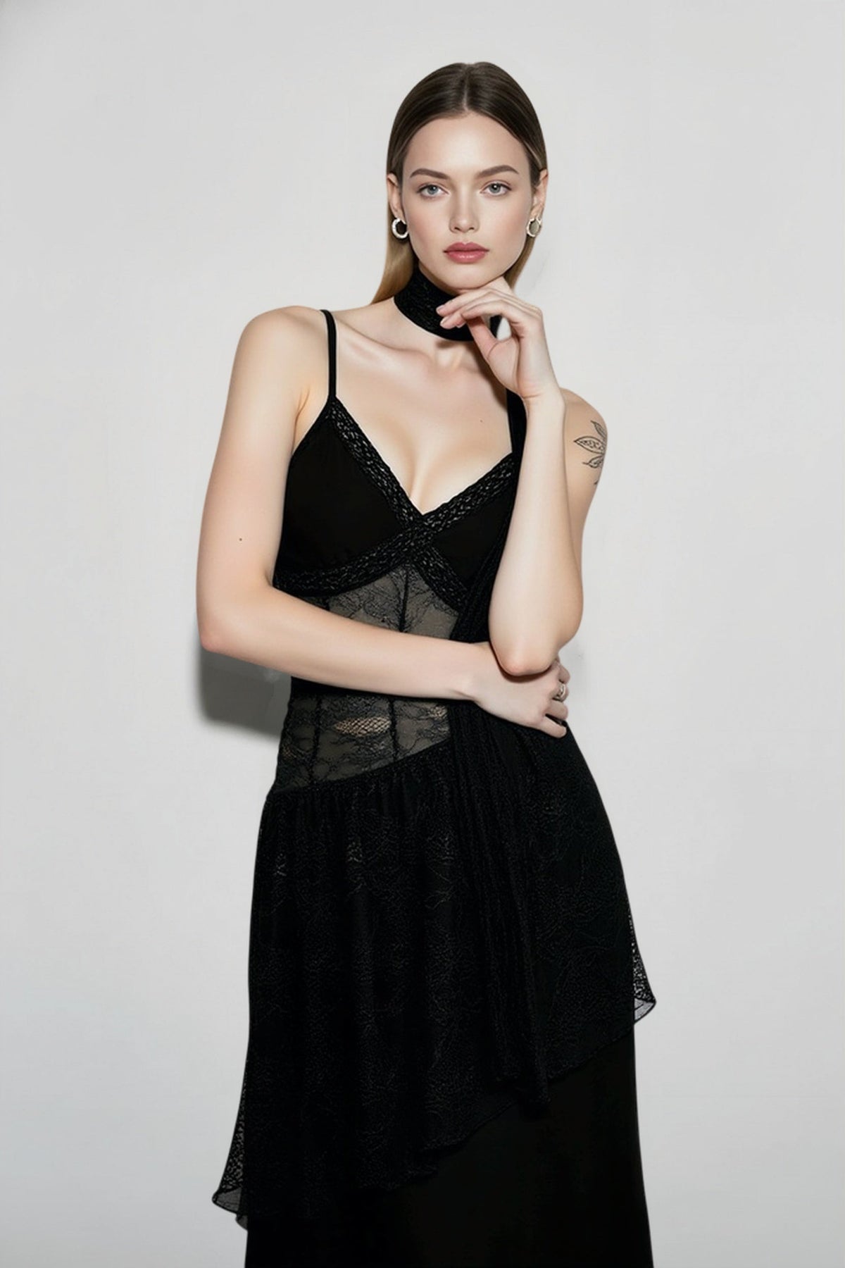 Lace Waist Sheer Overlay Tiered Scarf Neck Maxi Dress