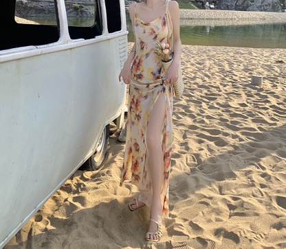 Spaghetti Strap Cowl Neck Abstract Floral Print High Slit Maxi Dress