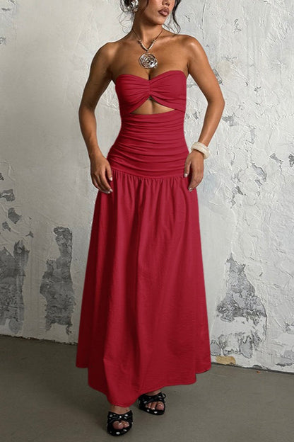 Strapless Sweetheart Neck Twist Cutout Ruched Drop Waist Maxi Dress