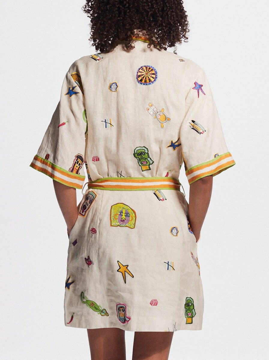 Embroidered Patchwork Belted Shirt Mini Dress