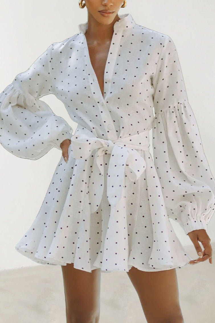 White Collared Button Front Lantern Sleeve Tie Waist Polka Dot Mini Dress