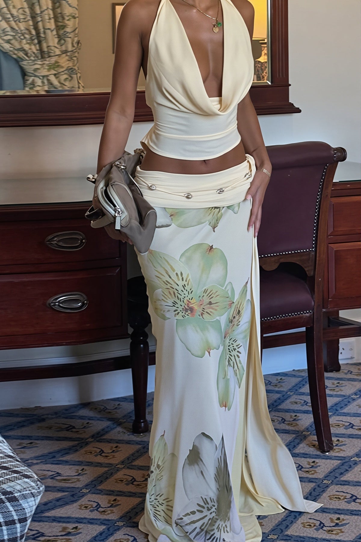 Halter Floral Mesh Slit Maxi Skirt Set