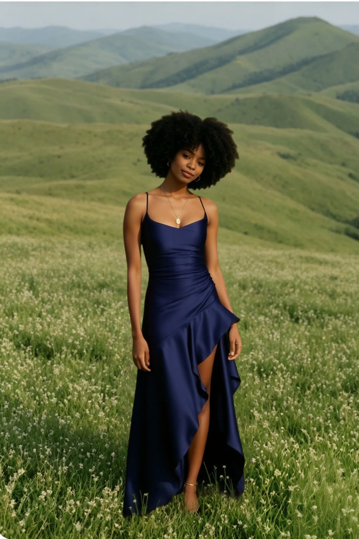 Scoop Neck Side Ruched Ruffle Trim High Slit Satin Floor Length Gown