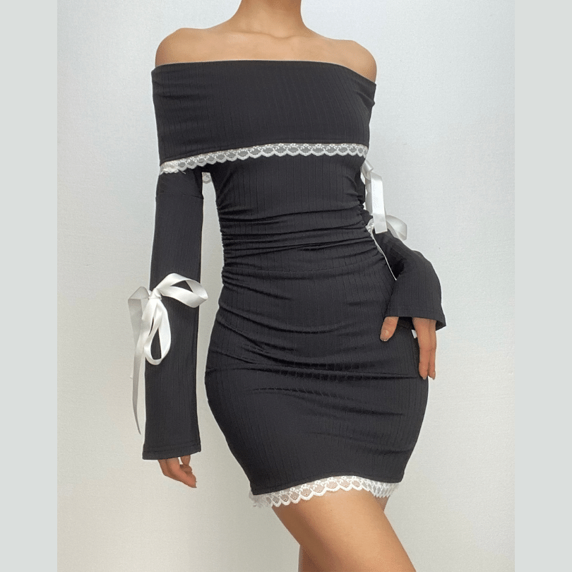 Off Shoulder Lace Trim Ribbon Bow Long Sleeve Ribbed Mini Dress