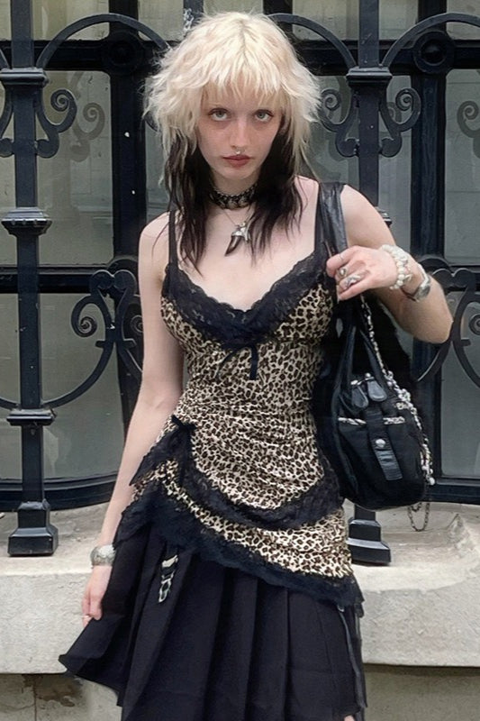 Trendy Asymmetrical Lace Leopard Print Blouse