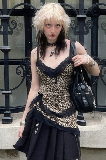Trendy Asymmetrical Lace Leopard Print Blouse