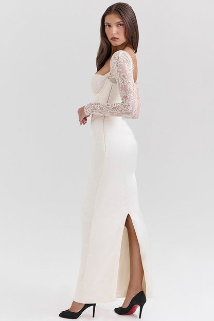 Lace Corset Sweetheart Long Sleeve Satin Column Maxi Dress