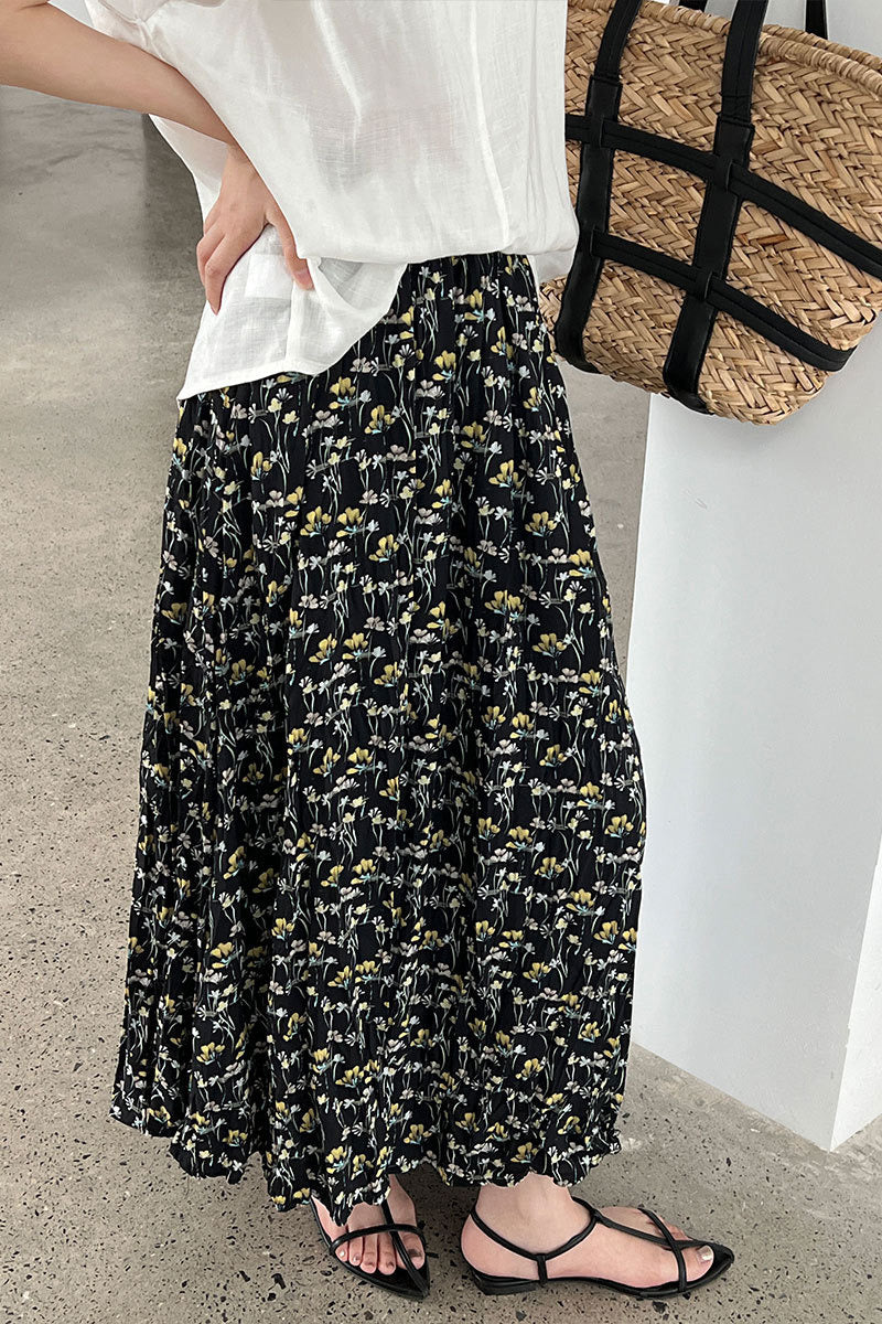 Retro Floral High Waist Pleated A Line Skirt