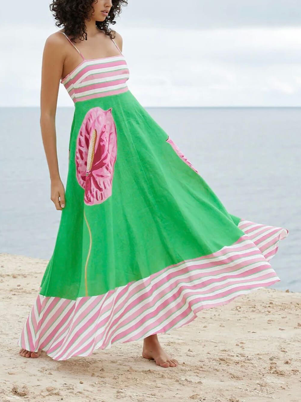 Paneled Stripe Floral Print Spaghetti Strap Square Neck A-Line Maxi Dress