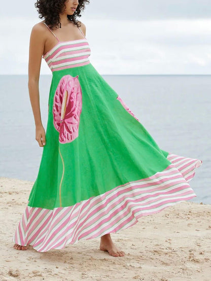 Paneled Stripe Floral Print Spaghetti Strap Square Neck A-Line Maxi Dress