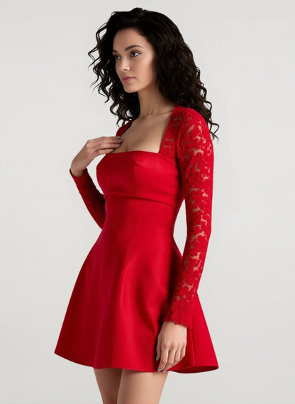 Square Neck Lace Sleeve Contrast Bodice A-Line Mini Dress