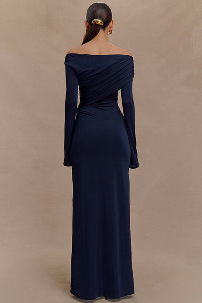 Crossover Ruched Drape Long Sleeve Column Maxi Dress