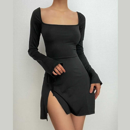 Square Neck Long Sleeve Tie Cuff Front Slit Bodycon Mini Dress