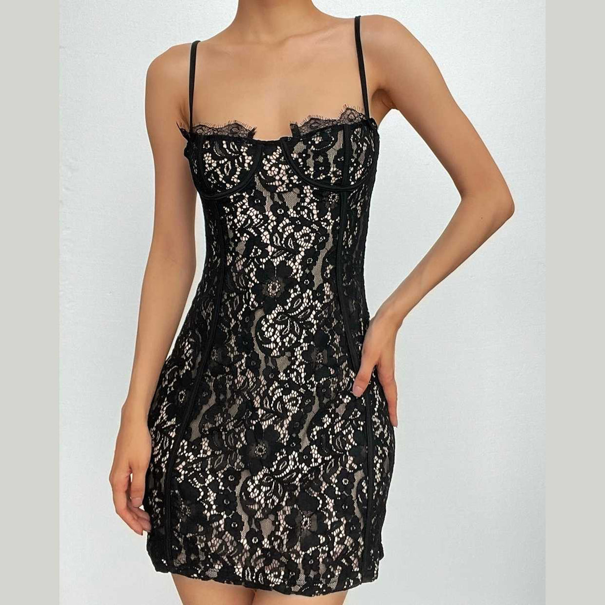Floral Lace Sweetheart Bustier Spaghetti Strap Zip Back Mini Dress