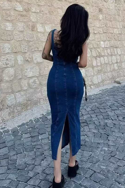 Strappy Zip Back Denim Dress