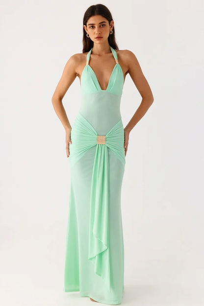 Hardware Halter Plunging V Buckle Accent Bodycon Maxi Dress