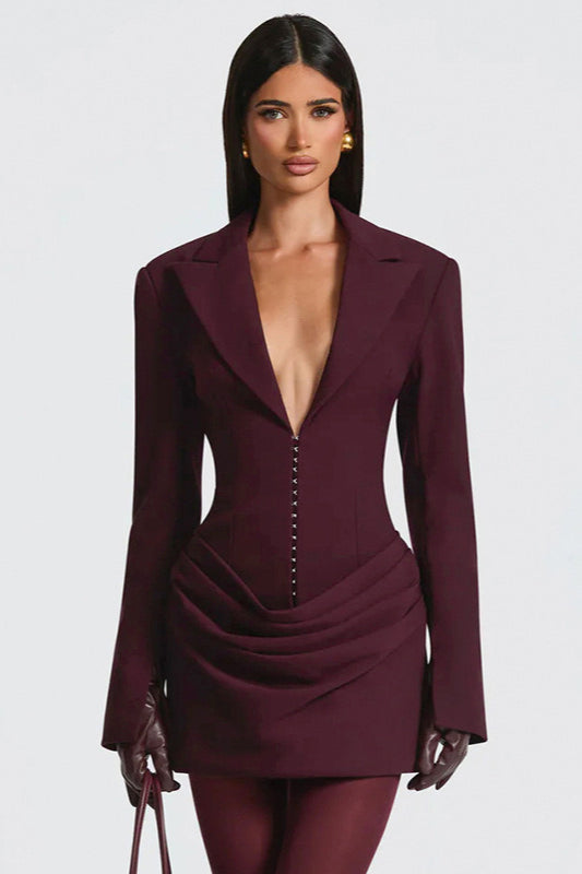 Solid Tailored Deep V Neck Slim Waist Mini Dress