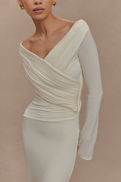 Crossover Ruched Drape Long Sleeve Column Maxi Dress