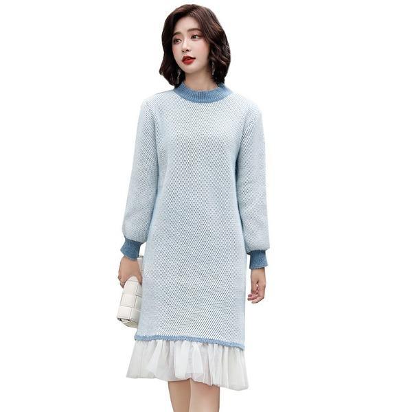 Mock Neck Honeycomb Knit Contrast Cuff Tiered Ruffle Hem Sweater Midi Dress