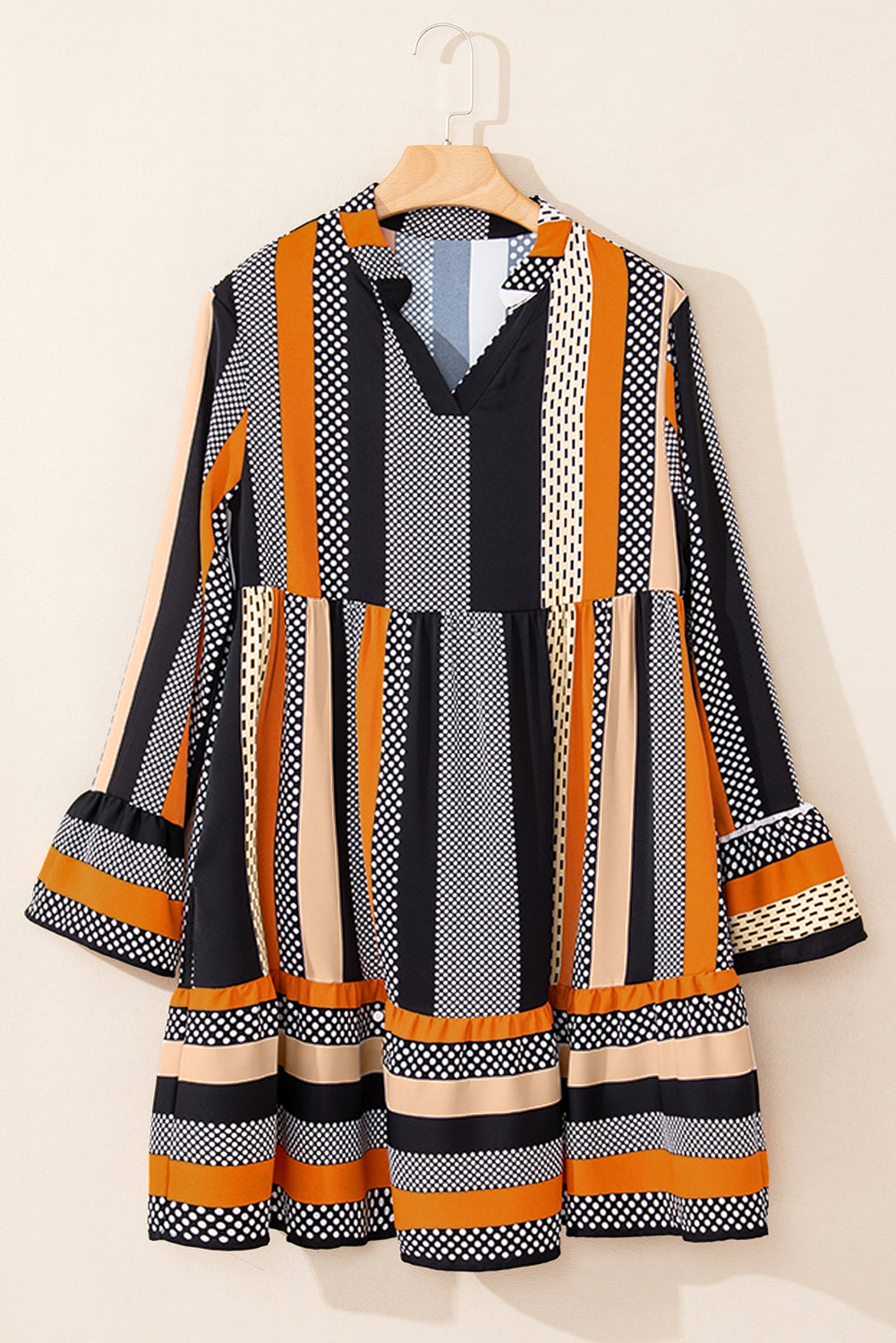 Patchwork Polka Dot Striped Bell Sleeve Tiered Mini Dress