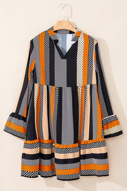 Patchwork Polka Dot Striped Bell Sleeve Tiered Mini Dress