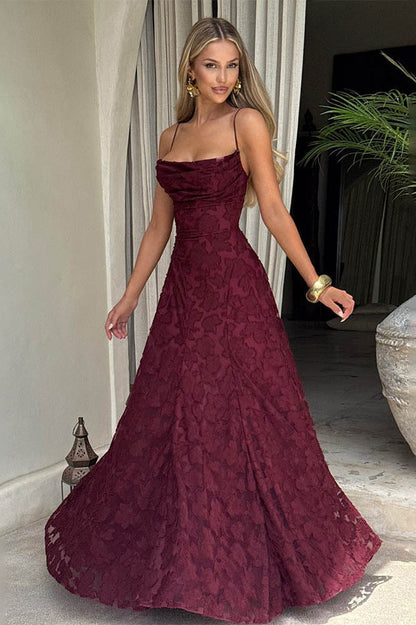 Square Neck Spaghetti Strap Ruched Burnout Floral Lace Maxi Dress