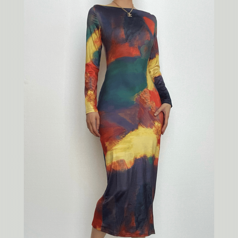 Crew Neck Long Sleeve Abstract Brushstroke Print Bodycon Maxi Dress