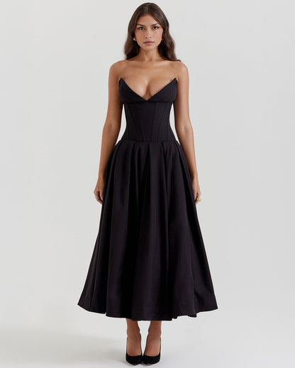 Strapless Corset Sweetheart Neckline Box Pleat A-Line Midi Dress