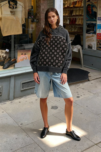 Embroidered Panel Design Casual Pullover Hoodie