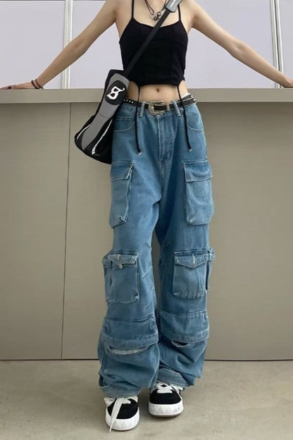 Street Style Washed Gray Patchwork Multi Pocket Cargo Wide Leg Pants