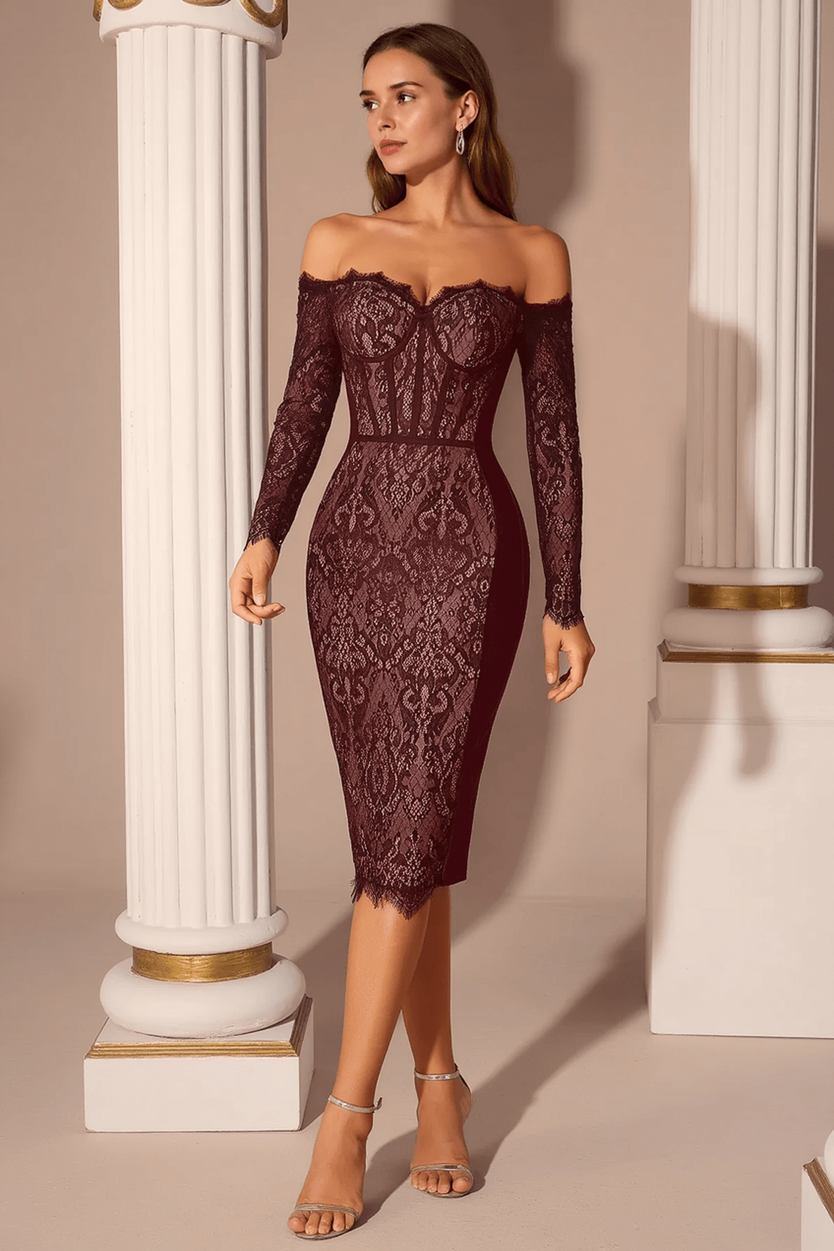 Off Shoulder Sweetheart Lace Corset Boning Long Sleeve Midi Dress
