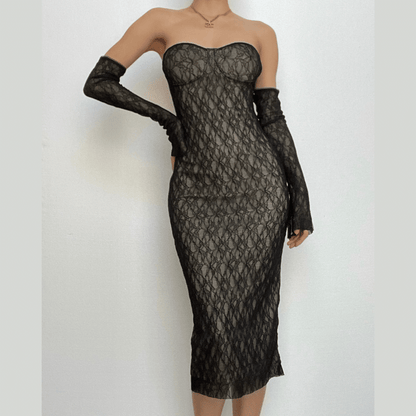 Sweetheart Neck Lace Bustier Tube Midi Dress and Lace Arm Sleeves Set