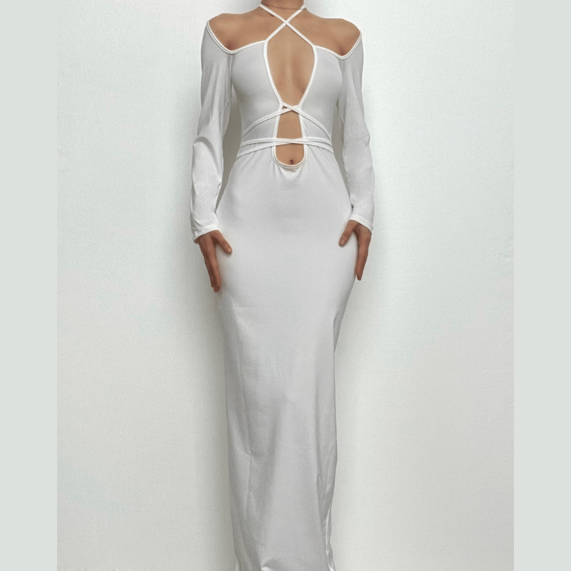 Halter Crisscross Strap Cold Shoulder Ladder Cutout Maxi Dress