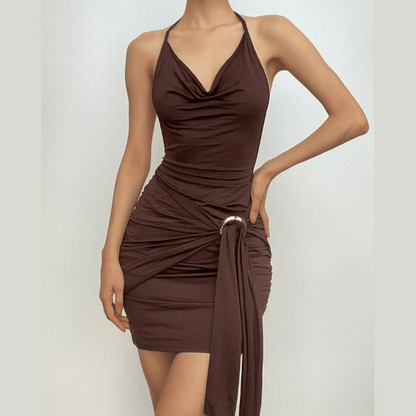 Cowl Neck Halter Ruched Buckle Side Drape Mini Dress