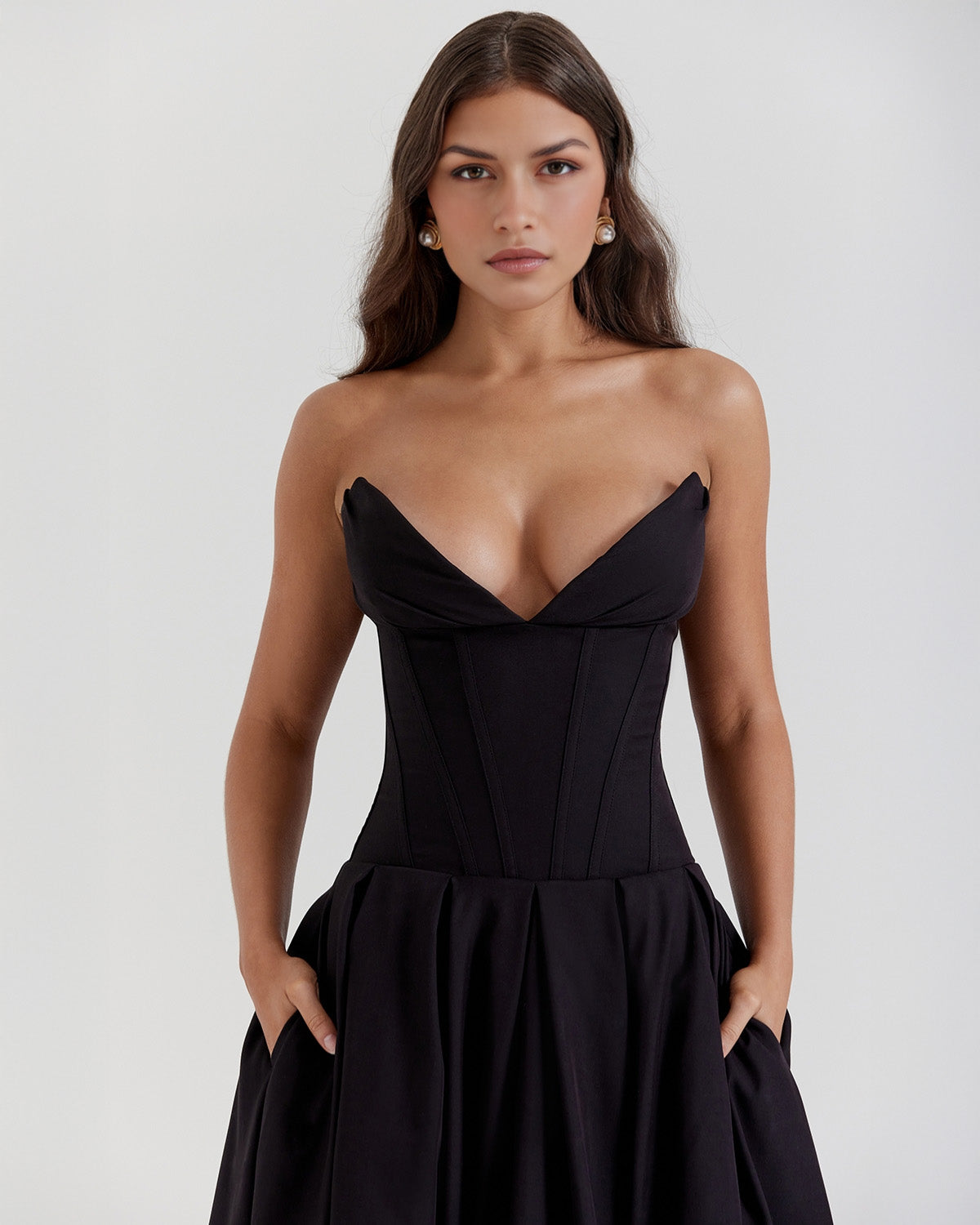 Strapless Corset Sweetheart Neckline Box Pleat A-Line Midi Dress