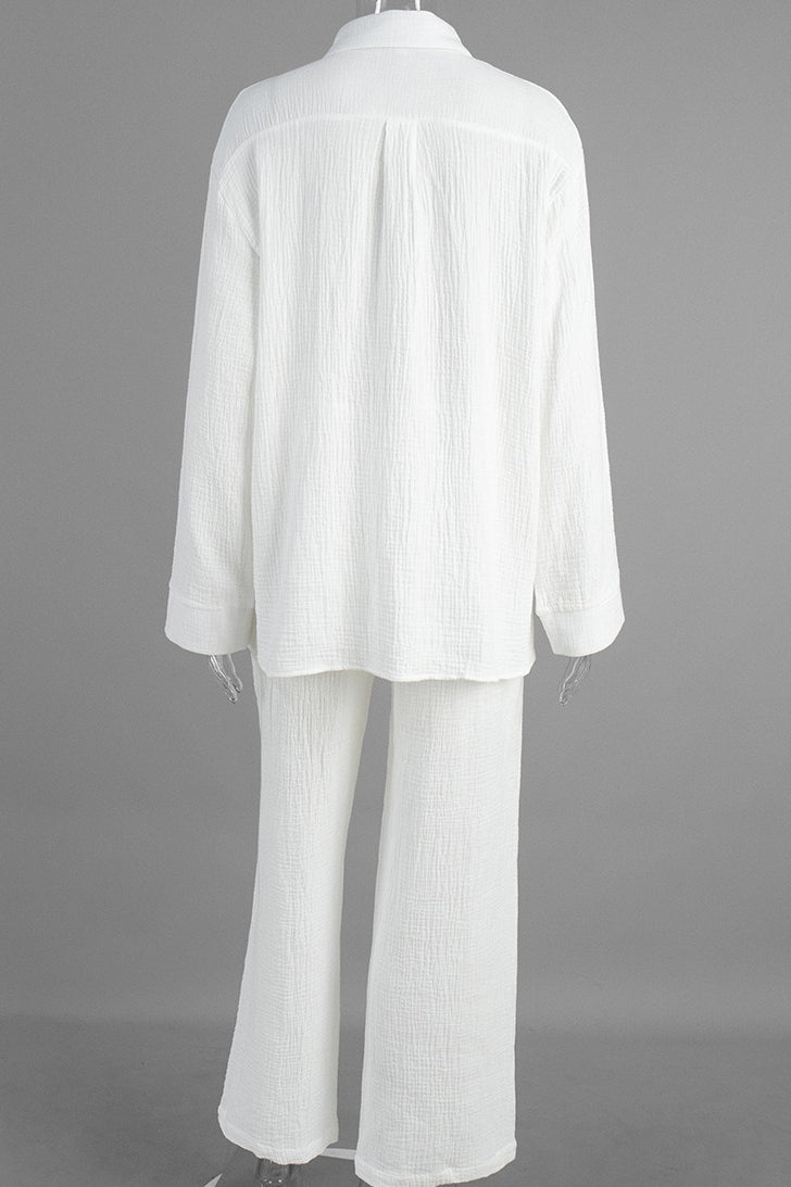 Solid Cotton Wrinkled Shirt Pants Two Piece Set