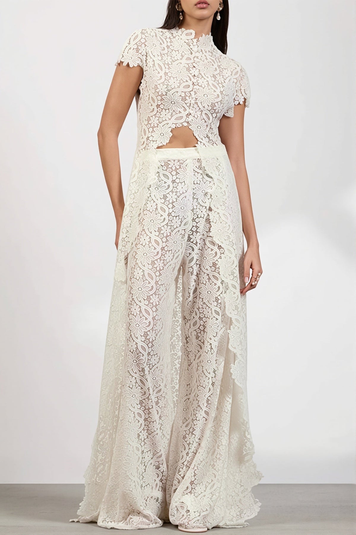 Lace Long Cape Cutout Pants Set