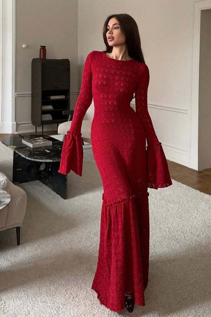 Ruffled Panel Knit Maxi Sweater Dress
