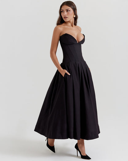 Strapless Corset Sweetheart Neckline Box Pleat A-Line Midi Dress