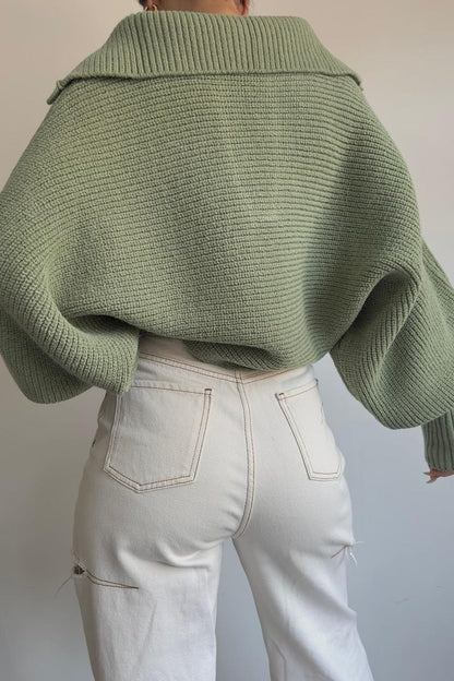 Lantern Sleeve Open Collar Knit Sweater