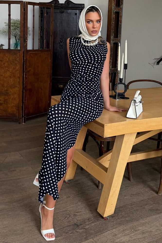 Polka Dot Sleeveless Fishtail Maxi Dress